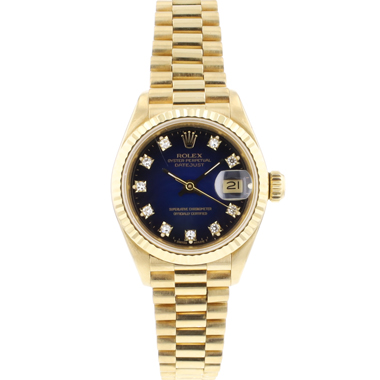Rolex - Lady-Datejust 26 Yellow Gold President Blue Vignette Diamond Dial